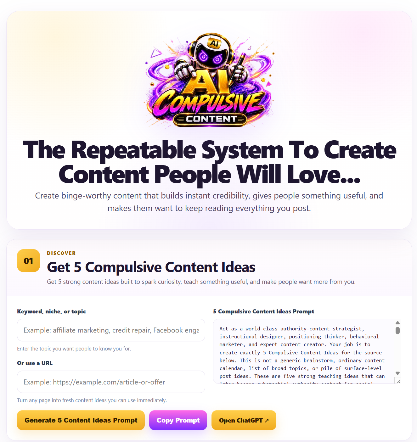 AI Compulsive Content Step 1 showing the Get 5 Compulsive Content Ideas workflow