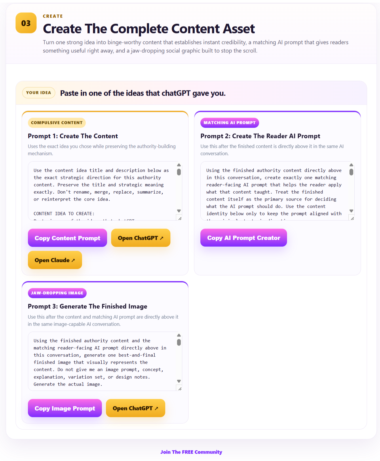 AI Compulsive Content Step 3 showing the finished prompts used to create the content, matching AI prompt, and graphic